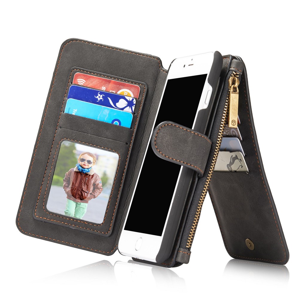 iPhone 7 Plus / 8 CASEME 2-i-1 flipcover af læder pung, lynlås og kortholdere - Sort - Fonecase