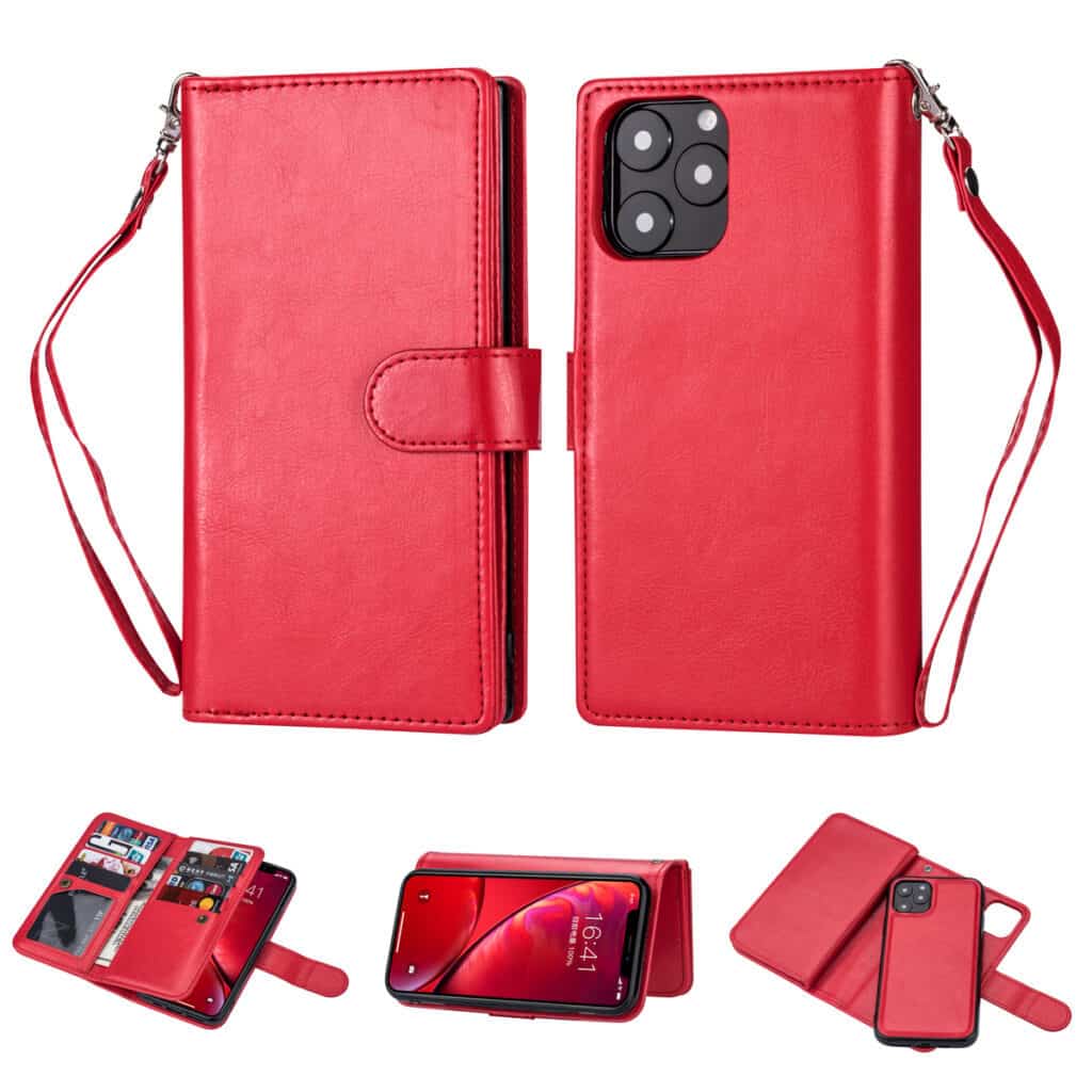 iPhone 11 Flipcover af læder med ni kortholdere og håndrem – Rød - Fonecase